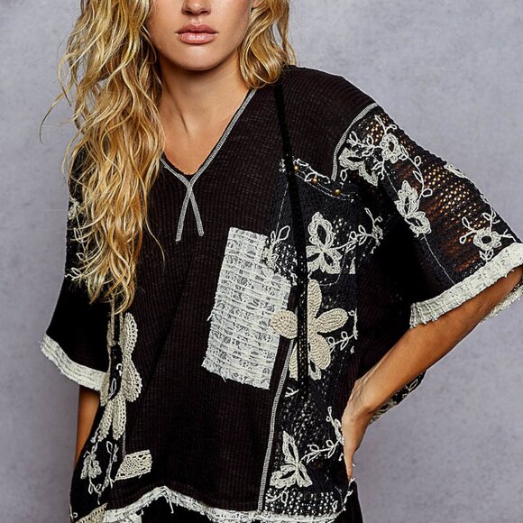 The Black Brooke Set POL  V-neck hoodie, relaxed fit top in rib with lace detail - Picture 2 of 4